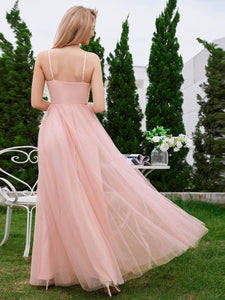 Color=Pink | Romantic Shimmer fabrics Side Split Tulle Dresses  Pleated decoration Empire Waist Bridesmaid Dresses -Pink 2