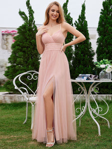 Color=Pink | Romantic Shimmer fabrics Side Split Tulle Dresses  Pleated decoration Empire Waist Bridesmaid Dresses -Pink 3