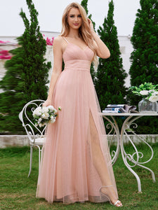 Color=Pink | Romantic Shimmer fabrics Side Split Tulle Dresses  Pleated decoration Empire Waist Bridesmaid Dresses -Pink 4