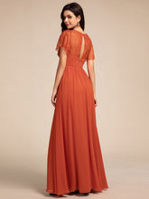 Load image into Gallery viewer, Color=Burnt Orange | Elegant Embroidery Glitter See-Through Lotus Leaf Sleeves Chiffon Dresses with Hollow back -Burnt Orange 2