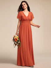 Load image into Gallery viewer, Color=Burnt Orange | Elegant Embroidery Glitter See-Through Lotus Leaf Sleeves Chiffon Dresses with Hollow back -Burnt Orange 3