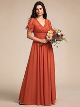 Load image into Gallery viewer, Color=Burnt Orange | Elegant Embroidery Glitter See-Through Lotus Leaf Sleeves Chiffon Dresses with Hollow back -Burnt Orange 4