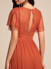 Load image into Gallery viewer, Color=Burnt Orange | Elegant Embroidery Glitter See-Through Lotus Leaf Sleeves Chiffon Dresses with Hollow back -Burnt Orange 5