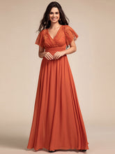 Load image into Gallery viewer, Color=Burnt Orange | Elegant Embroidery Glitter See-Through Lotus Leaf Sleeves Chiffon Dresses with Hollow back -Burnt Orange 1