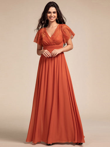 Color=Burnt Orange | Elegant Embroidery Glitter See-Through Lotus Leaf Sleeves Chiffon Dresses with Hollow back -Burnt Orange 1