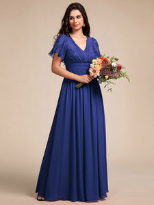 Color=Navy Blue | Elegant Embroidery Glitter See-Through Lotus Leaf Sleeves Chiffon Dresses with Hollow back -Navy Blue 9