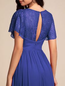 Color=Navy Blue | Elegant Embroidery Glitter See-Through Lotus Leaf Sleeves Chiffon Dresses with Hollow back -Navy Blue 10