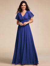 Load image into Gallery viewer, Color=Navy Blue | Elegant Embroidery Glitter See-Through Lotus Leaf Sleeves Chiffon Dresses with Hollow back -Navy Blue 6