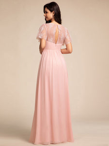 Color=Pink | Elegant Embroidery Glitter See-Through Lotus Leaf Sleeves Chiffon Dresses with Hollow back -Pink 12