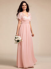 Load image into Gallery viewer, Color=Pink | Elegant Embroidery Glitter See-Through Lotus Leaf Sleeves Chiffon Dresses with Hollow back -Pink 13