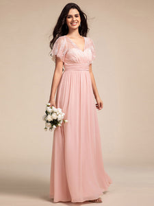 Color=Pink | Elegant Embroidery Glitter See-Through Lotus Leaf Sleeves Chiffon Dresses with Hollow back -Pink 13