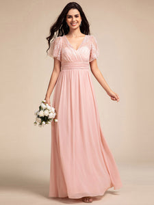 Color=Pink | Elegant Embroidery Glitter See-Through Lotus Leaf Sleeves Chiffon Dresses with Hollow back -Pink 14