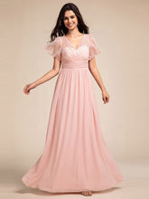 Load image into Gallery viewer, Color=Pink | Elegant Embroidery Glitter See-Through Lotus Leaf Sleeves Chiffon Dresses with Hollow back -Pink 11