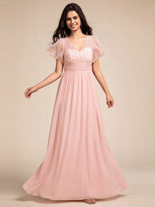 Color=Pink | Elegant Embroidery Glitter See-Through Lotus Leaf Sleeves Chiffon Dresses with Hollow back -Pink 11