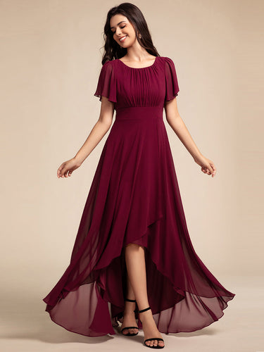 Color=Burgundy | Elegant Round Neck Ruffles Sleeve Chiffon Evening Dresses with Asymmetrical Hem-Burgundy 1