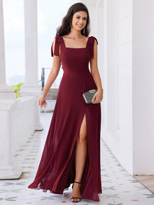 Color=Burgundy | Elegant Bowknot binding Square Neckline Chiffon Dresses A-Line Side Split Bridesmaids Dress-Burgundy 3