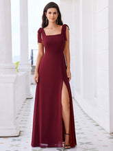 Load image into Gallery viewer, Color=Burgundy | Elegant Bowknot binding Square Neckline Chiffon Dresses A-Line Side Split Bridesmaids Dress-Burgundy 4