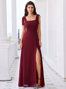 Color=Burgundy | Elegant Bowknot binding Square Neckline Chiffon Dresses A-Line Side Split Bridesmaids Dress-Burgundy 4