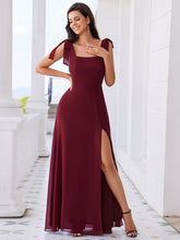 Load image into Gallery viewer, Color=Burgundy | Elegant Bowknot binding Square Neckline Chiffon Dresses A-Line Side Split Bridesmaids Dress-Burgundy 1