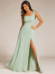 Color=Mint Green | Elegant Bowknot binding Square Neckline Chiffon Dresses A-Line Side Split Bridesmaids Dress-Mint Green 9