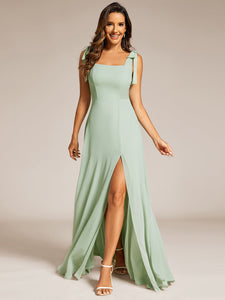 Color=Mint Green | Elegant Bowknot binding Square Neckline Chiffon Dresses A-Line Side Split Bridesmaids Dress-Mint Green 6