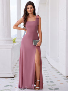 Color=Orchid | Elegant Bowknot binding Square Neckline Chiffon Dresses A-Line Side Split Bridesmaids Dress-Orchid 14