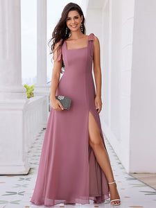 Color=Orchid | Elegant Bowknot binding Square Neckline Chiffon Dresses A-Line Side Split Bridesmaids Dress-Orchid 11