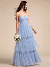 Load image into Gallery viewer, Color=Light Blue | Romantic V Neck See-Through Cake pleated Bridesmaid Tulle Dresses-Light Blue 13