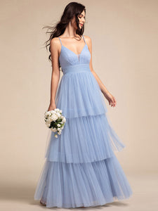 Color=Light Blue | Romantic V Neck See-Through Cake pleated Bridesmaid Tulle Dresses-Light Blue 13