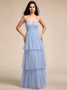 Color=Light Blue | Romantic V Neck See-Through Cake pleated Bridesmaid Tulle Dresses-Light Blue 14