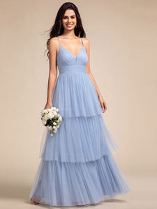 Color=Light Blue | Romantic V Neck See-Through Cake pleated Bridesmaid Tulle Dresses-Light Blue 11