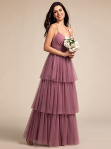 Color=Orchid | Romantic V Neck See-Through Cake pleated Bridesmaid Tulle Dresses-Orchid 18