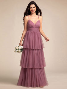 Color=Orchid | Romantic V Neck See-Through Cake pleated Bridesmaid Tulle Dresses-Orchid 19