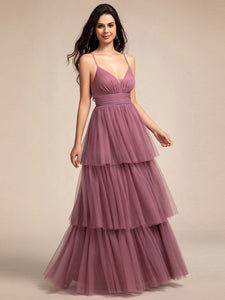 Color=Orchid | Romantic V Neck See-Through Cake pleated Bridesmaid Tulle Dresses-Orchid 16