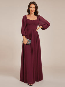 Color=Burgundy | Graceful Sweetheart 3/4 Lantern Sleeve Chiffon Bridesmaid Dresses with Frenulum knotting-Burgundy 3