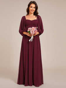 Color=Burgundy | Graceful Sweetheart 3/4 Lantern Sleeve Chiffon Bridesmaid Dresses with Frenulum knotting-Burgundy 4