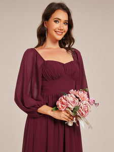 Color=Burgundy | Graceful Sweetheart 3/4 Lantern Sleeve Chiffon Bridesmaid Dresses with Frenulum knotting-Burgundy 5