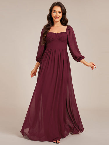 Color=Burgundy | Graceful Sweetheart 3/4 Lantern Sleeve Chiffon Bridesmaid Dresses with Frenulum knotting-Burgundy 1