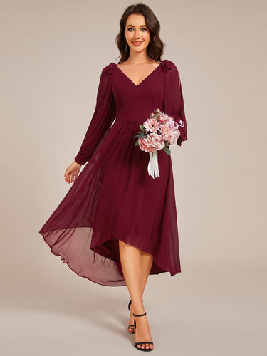 Color=Burgundy | Elegant Butterfly Design Long Sleeves Midi Length A-Line Asymmetrical Hem Chiffon Dresses -Burgundy 1