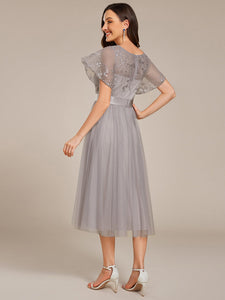 Color=Grey | Graceful Embroidery See-through Round Neck Tulle Bridesmaid Dresses -Grey 2