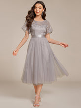 Load image into Gallery viewer, Color=Grey | Graceful Embroidery See-through Round Neck Tulle Bridesmaid Dresses -Grey 3