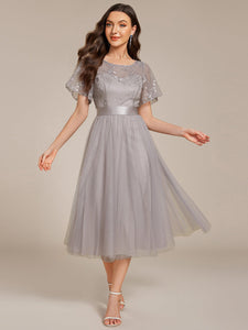 Color=Grey | Graceful Embroidery See-through Round Neck Tulle Bridesmaid Dresses -Grey 3