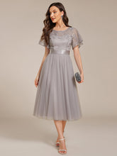 Load image into Gallery viewer, Color=Grey | Graceful Embroidery See-through Round Neck Tulle Bridesmaid Dresses -Grey 4