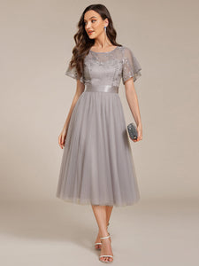 Color=Grey | Graceful Embroidery See-through Round Neck Tulle Bridesmaid Dresses -Grey 4