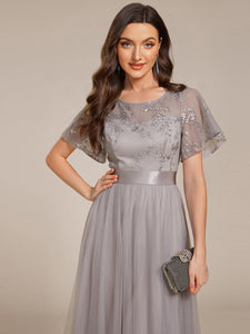 Color=Grey | Graceful Embroidery See-through Round Neck Tulle Bridesmaid Dresses -Grey 5