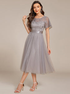 Color=Grey | Graceful Embroidery See-through Round Neck Tulle Bridesmaid Dresses -Grey 1