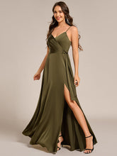Load image into Gallery viewer, Color=Olive Green | Elegant Floor-Length Spaghetti Straps Split Satin Bridesmaid Dress with Streamer-Olive Green 3