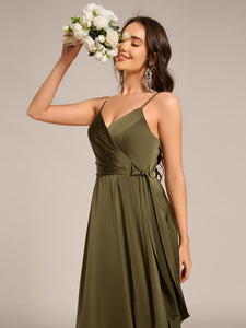 Color=Olive Green | Elegant Floor-Length Spaghetti Straps Split Satin Bridesmaid Dress with Streamer-Olive Green 5
