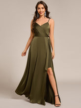 Load image into Gallery viewer, Color=Olive Green | Elegant Floor-Length Spaghetti Straps Split Satin Bridesmaid Dress with Streamer-Olive Green 1