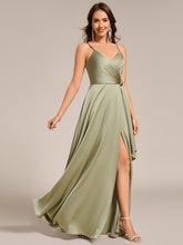 Load image into Gallery viewer, Color=Sage Green | Elegant Floor-Length Spaghetti Straps Split Satin Bridesmaid Dress with Streamer-Sage Green 8